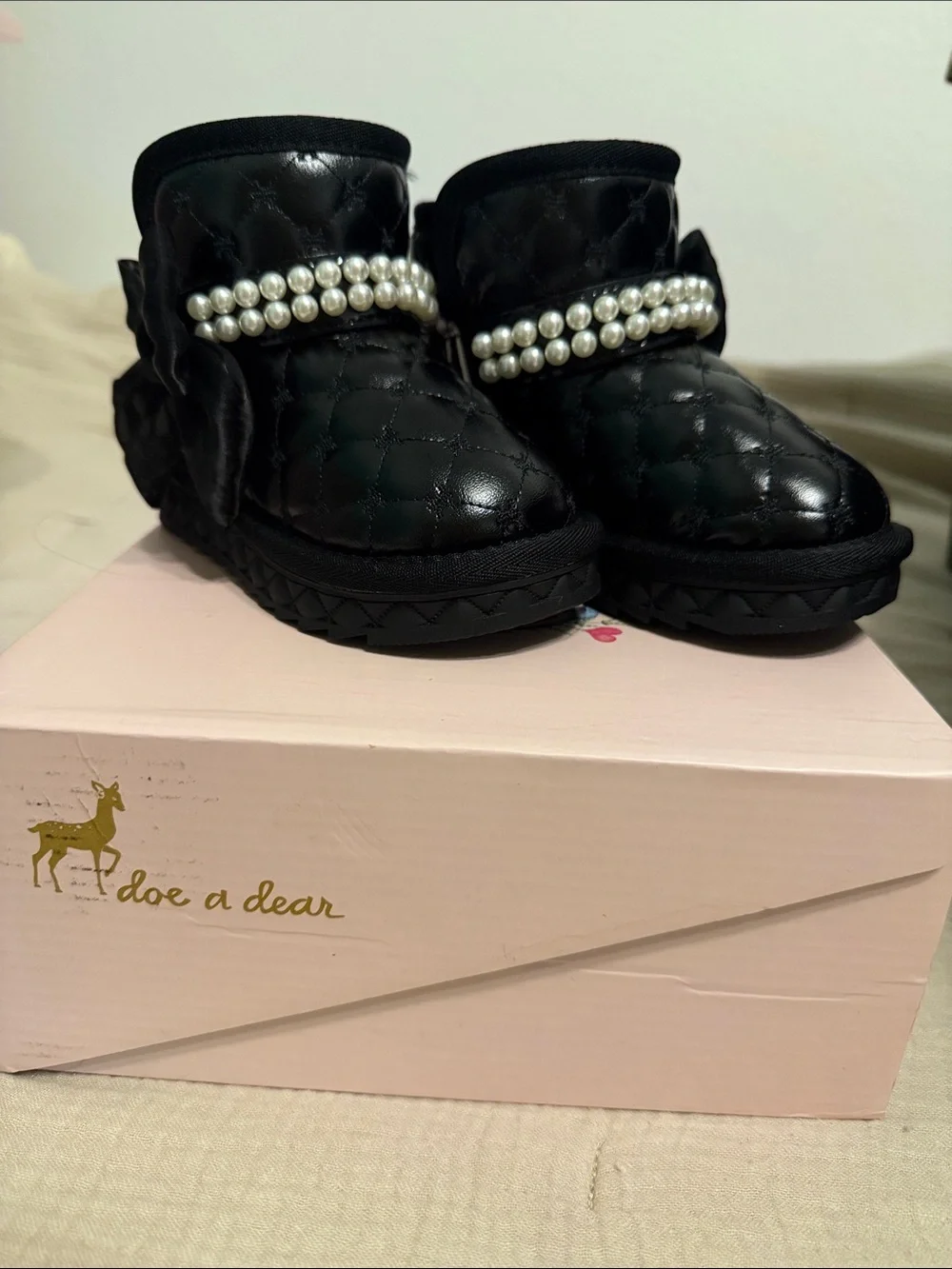 Doe a Dear Black Quilted Pearl-Trim Kids Boots